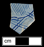 Debased scratch blue bowl with cross-hatched motif, both sherds appear to be from the same vessel, Lots 118.031 and 118.032 from 18WA20.